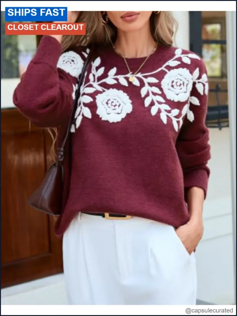 Womens Crew Neck Floral Embroidery Sweater Long Sleeve Knit Top